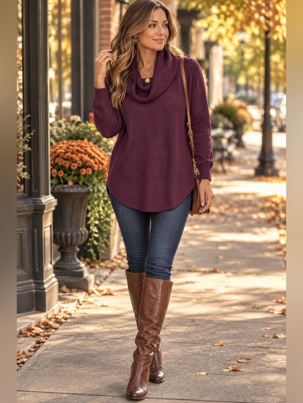 Tahari 100% Extrafine Merino Wool Cowl Neck Tunic Sweater Plum M